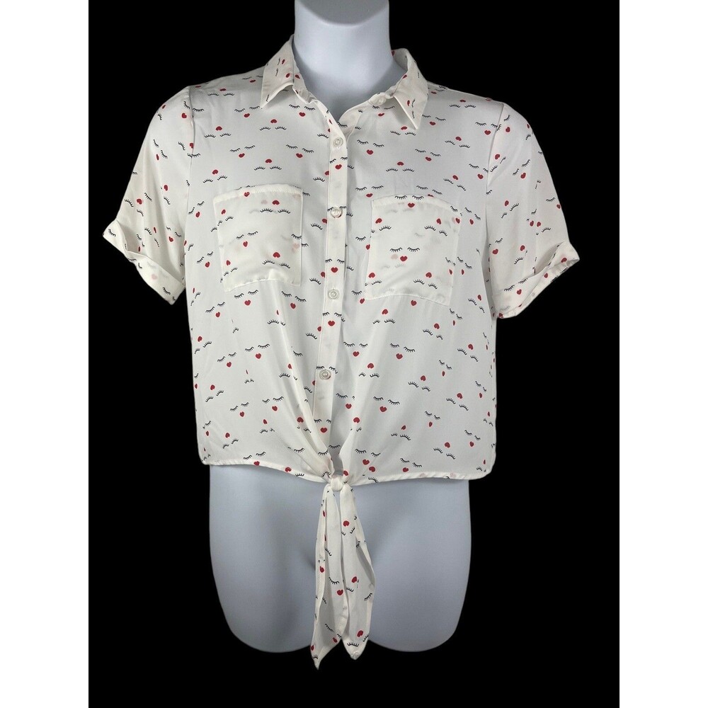Lily White Semi Sheer Novelty Print Eyelashes Heart Lips Button Up Tie Blouse L